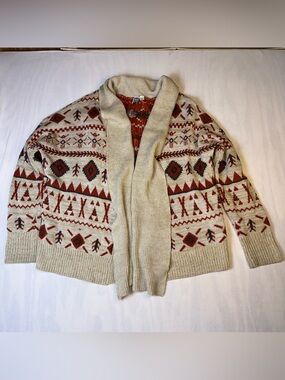 Roxy Beige Shawl-Collar Cardigan w/ Rust Aztec Southwestern Pattern Size: Large